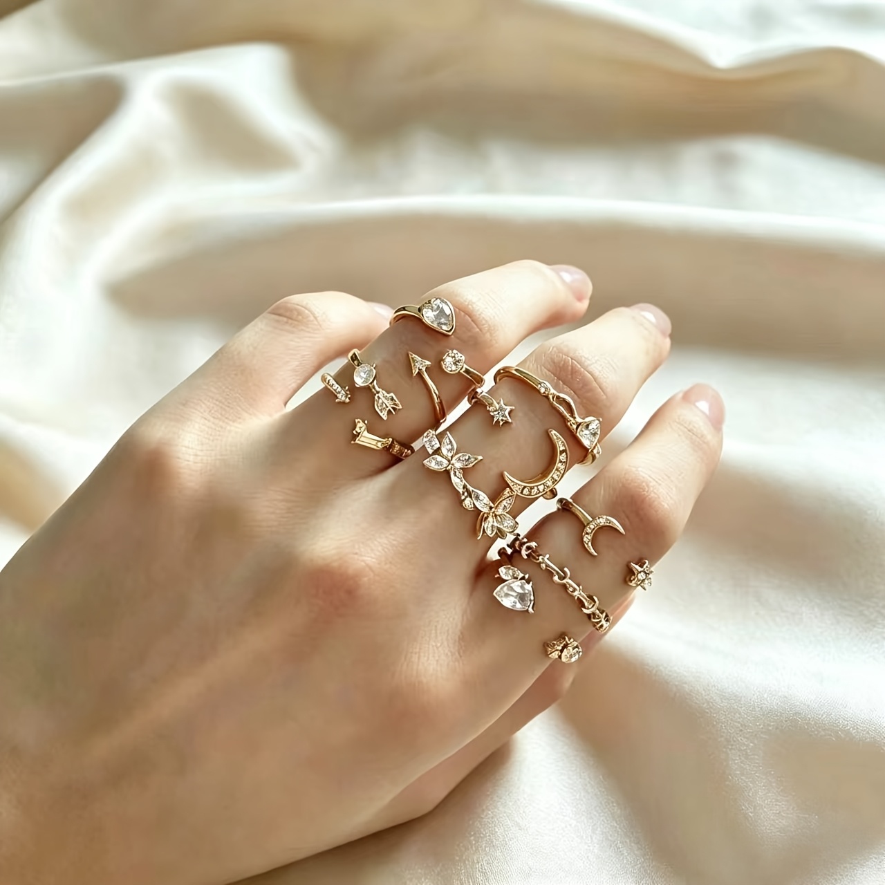 TEMU New Style 9pcs Heart, , Star, And Moon Pattern Combination Ring Set For Women