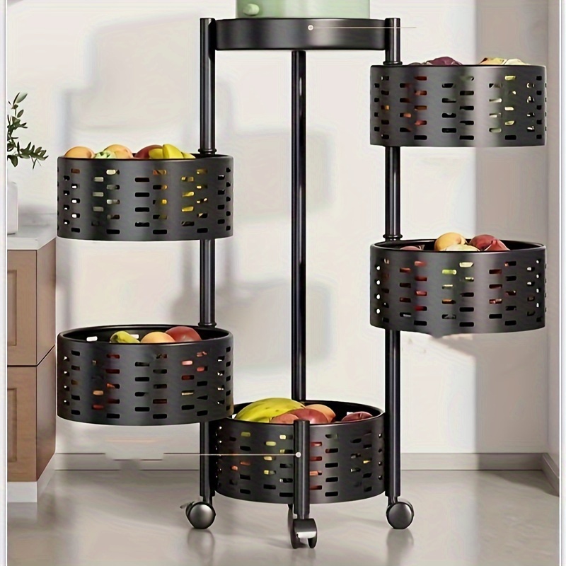 

4-tier Rotating Basket Kitchen Storage Rack, Multi-functional Metal Carbon Steel Floor Mount Organizer For Fruits, Vegetables, And Snacks In Various Room Settings