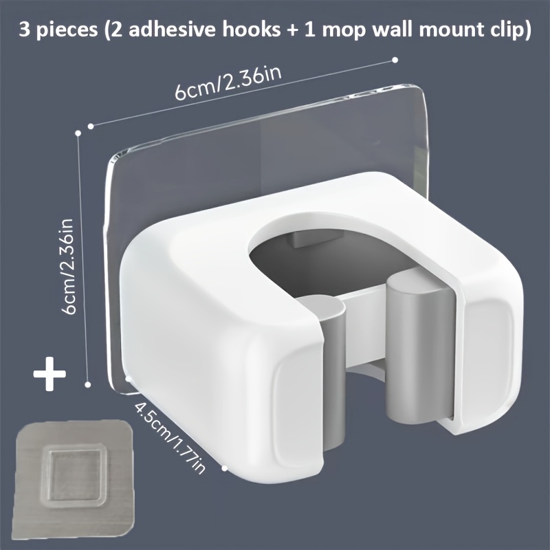 TEMU 3pcs Set: 2 Adhesive Hooks + 1 Mop Wall-mount Clip / 2pcs Set: 1 Adhesive Hook + 1 Mop Wall-mount Clip. Wall-mounted Mop And Broom Holder,