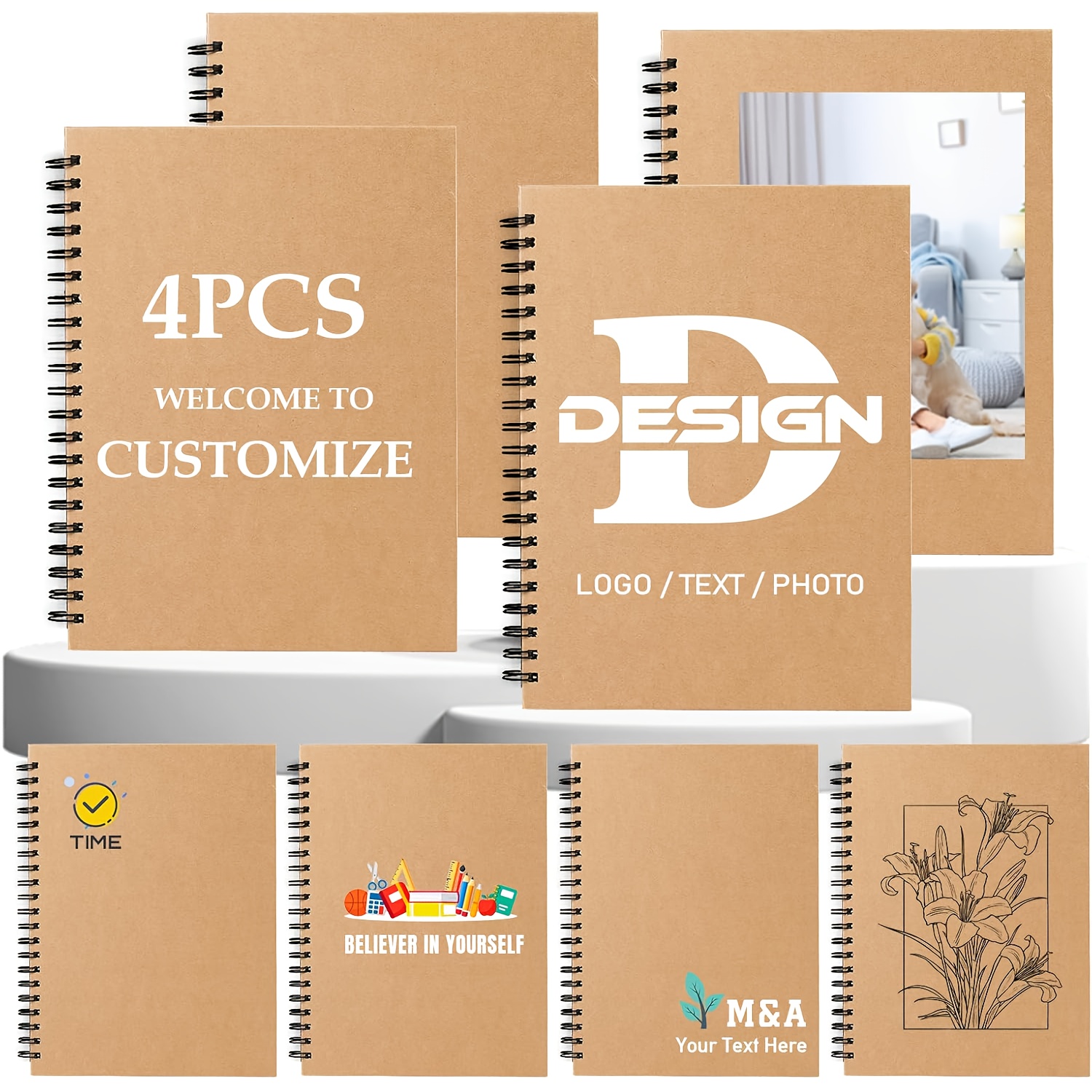 TEMU 4 cuadernos personalizados - tus propias fotos/logos/texto, 120 páginas, 8.4 x 5.8 pulgadas, cuaderno de regalo personalizable, ideal para
