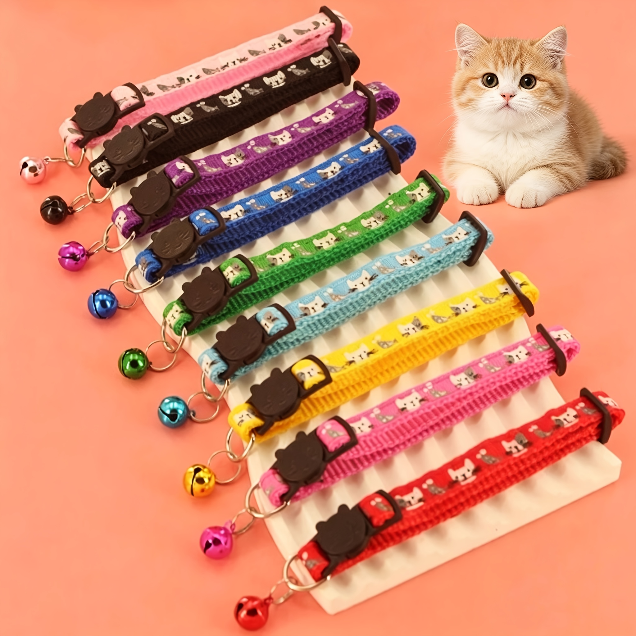 TEMU 8pcs Collars In Random Colors With Bells And Charms – Adjustable Nylon Cat Collars With Safety Buckles, Bells, And Cute Charms, Featuring Random