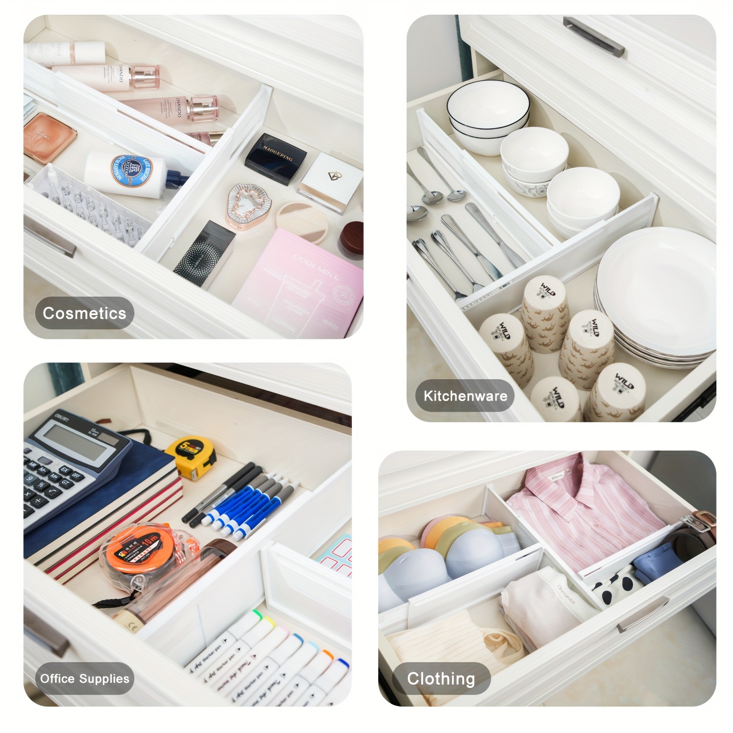 8-Pack Adjustable Plastic Kitchen Drawer Dividers, Extendable Organizers for Cosmetics, Clothing, Bedroom, Bathroom, Fridge & Office Storage, 8.51 cm High, with Reusable Adhesive Strips