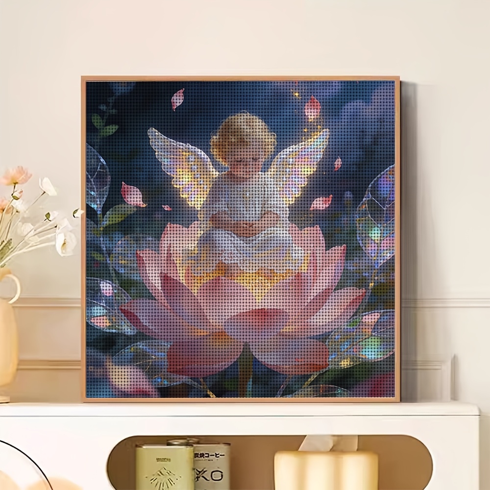 Frameless Cross Stitch Printed Kit, Angel Sitting on Lotus Pattern