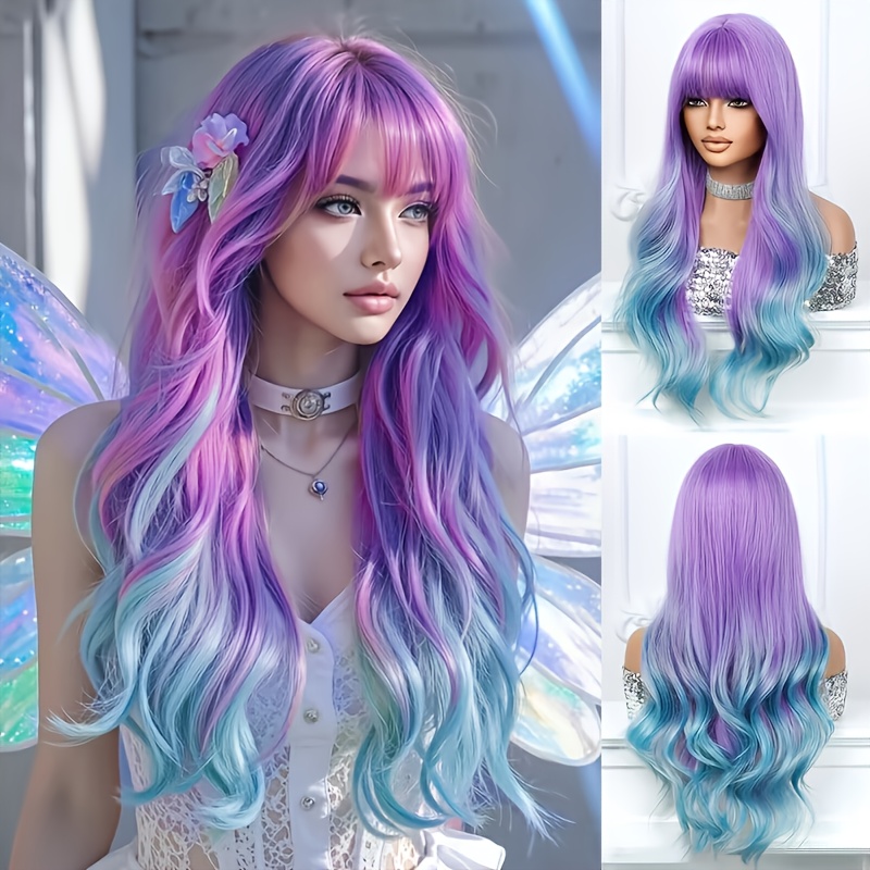 TEMU Peluca larga ondulada de 24 pulgadas con degradado de a azul y flequillo para mujer, peluca de pelo sintético estilo , resistente al , y
