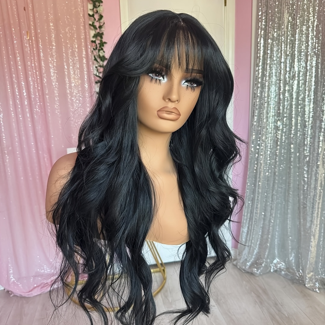 Image of Human Hair Blend 250% Wave Glueless Lace Wigs Pre Bleached None Transparent Hd Lace Front Wigs Body Wave Machine Made Wigs With Bangs 3s Put Body Wave Glueless Wigs