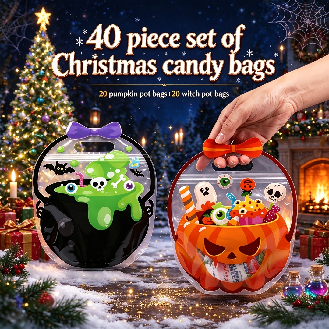TEMU 40pcs (20 Pumpkin Pot Bags + 20 Bags) Christmas Candy Bags Transparent Candy Snack Favor Packaging Bags With Handles For Christmas Halloween And