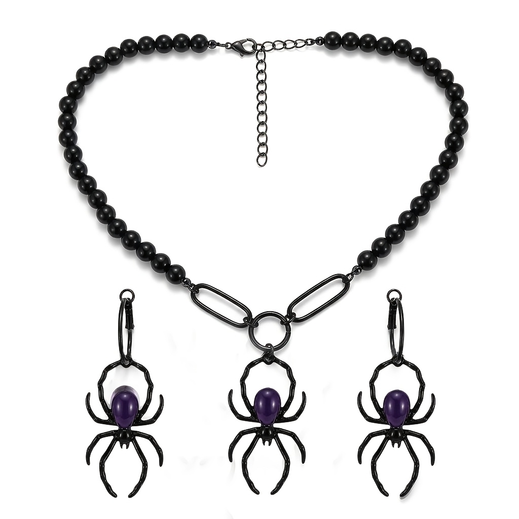 TEMU 3pcs Women's Jewelry Set, Halloween Theme, Retro Hip-hop Gothic Style Geometric Metal Spider Pendant Necklace Ear Hoop Combination, Purple Drip