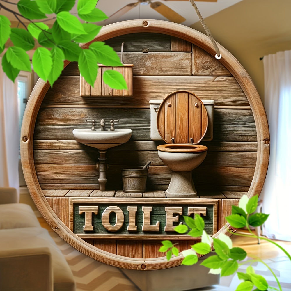 

1pc Rustic Wooden Toilet Sign - 8-inch Round Wall Hanging Decor With , Manufactured Wood, For Bathroom, Entryway, Patio, Home & Porch - Ideal Gift For Housewarming