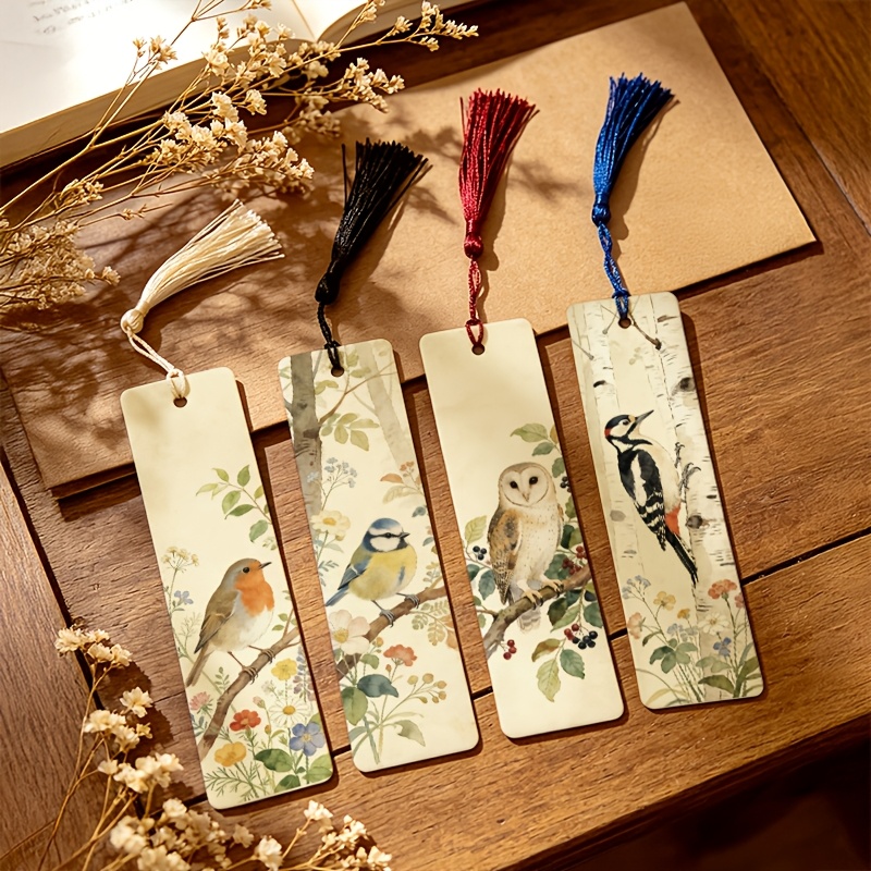 TEMU 4pcs, Robin, , de , Branches de Pic, Motif Style Forêt 1.5In X 5.9In Marque-pages en Faux Cuir Imprimés 2D, avec , Marqueurs de Lecture