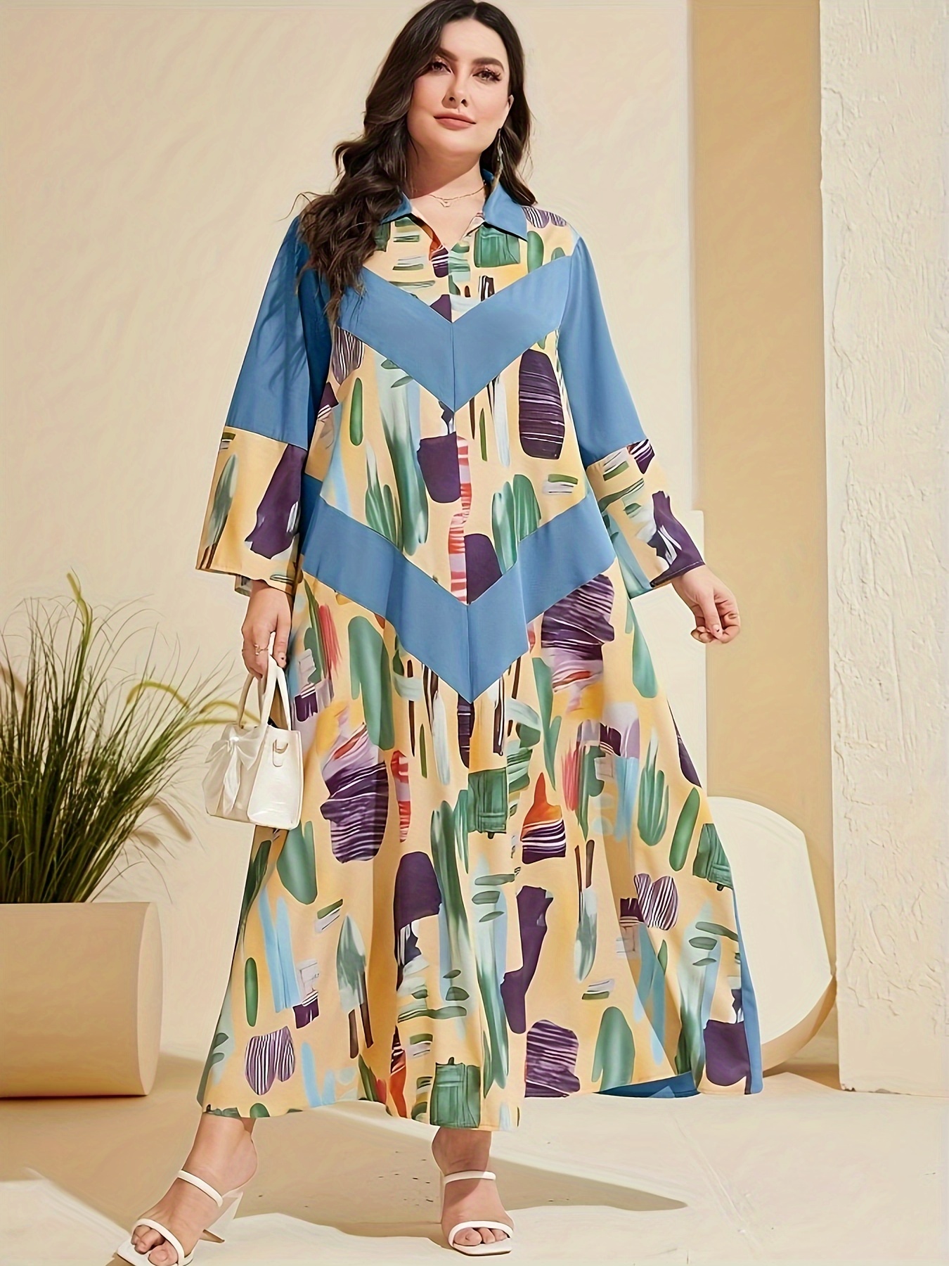 Women's Muslim Modest Dress Dots Print Full Sleeve Belted Long Dress Ruffle  Tiered Ankle Length Islamic Dress