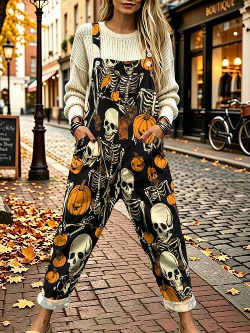 latzhose für damen mit totenkopf- kürbis-aufdruck, schwarze basis, herbstlicher s, gerades bein-overall, cargo-hose