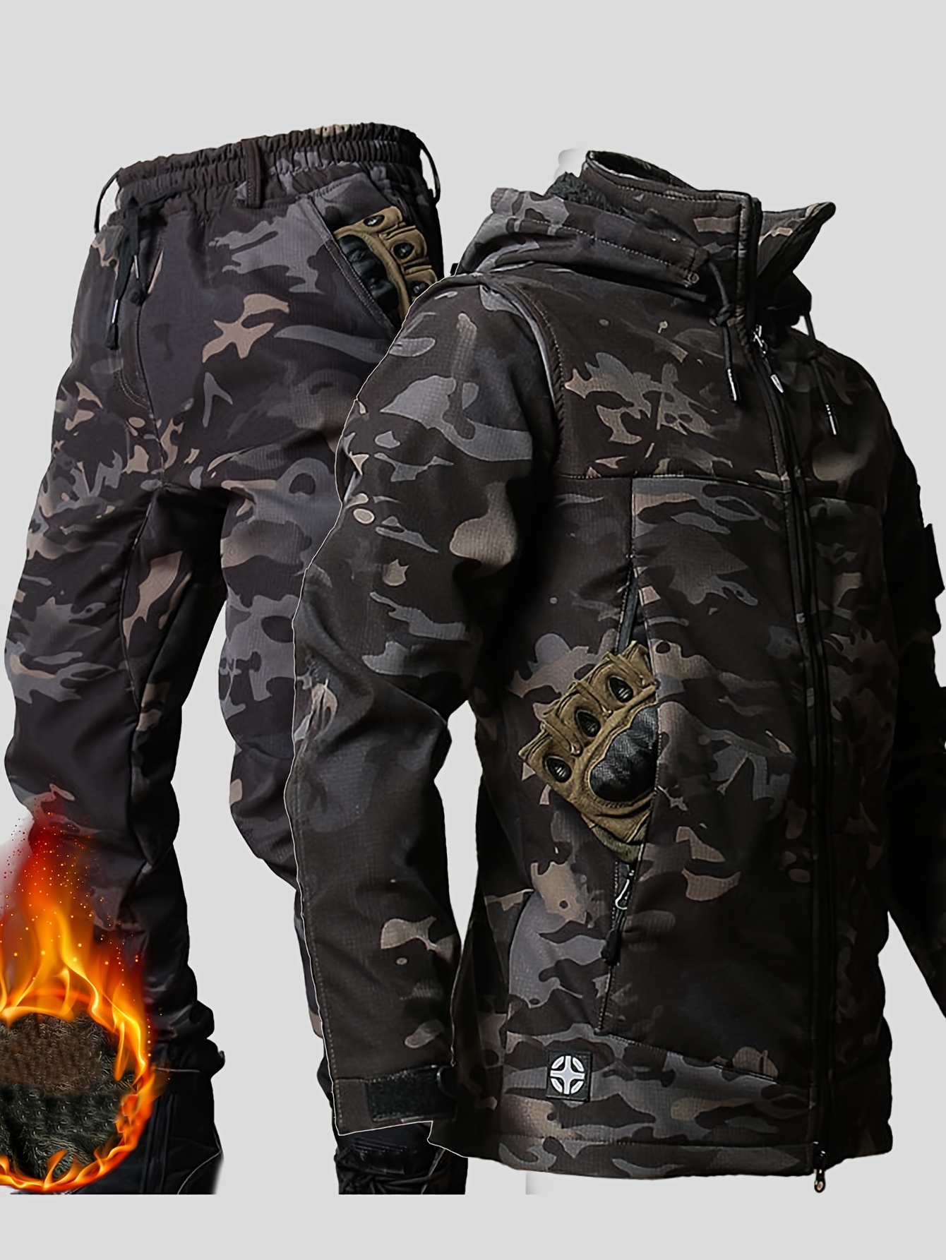 Men'S Autumn Winter Fleece Thick Winter Suit Jacket, Long Pants Hooded Suit, Warm Workwear, Multi-Pocket Casual Outdoor Wear-Resistant Men'S Winter Jacket