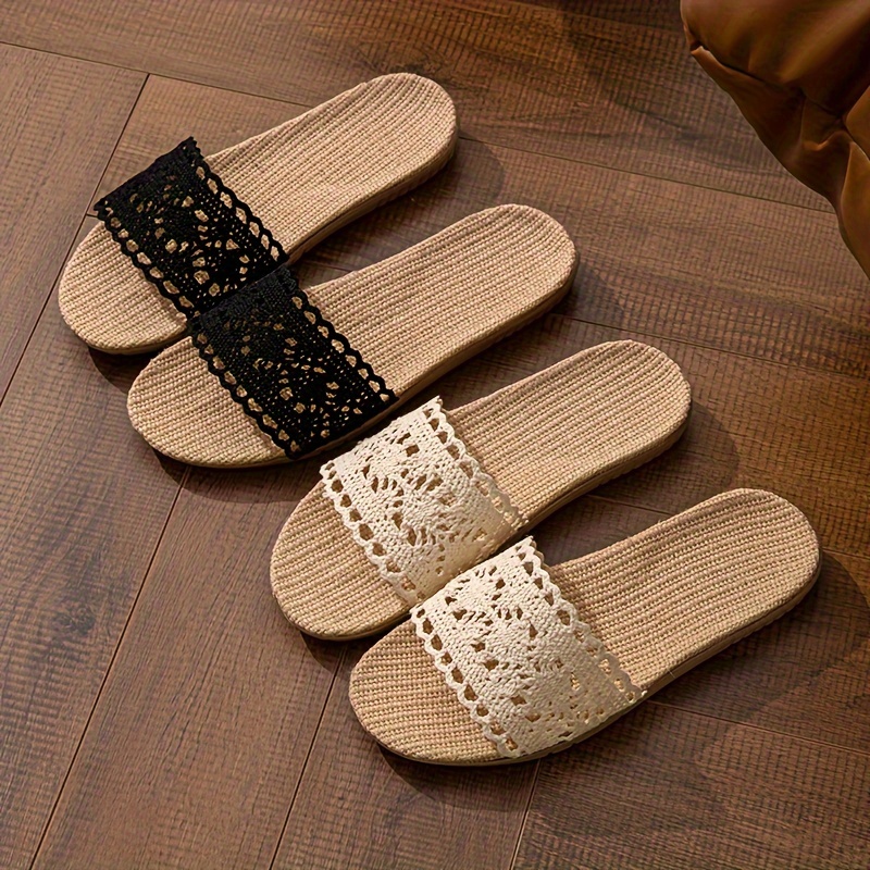 

Elegant Solid Color Home Slippers, Linen Sole Lightweight Flat Bedroom Shoes, Open Toe Breathable Floor Mute Slippers