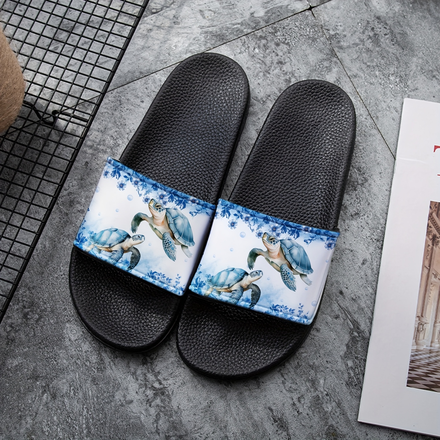 Women'S Casual Summer PVC Slippers Turtle Ocean Print, Soft White EVA  Insole, Hand Washable Home Outdoor Use, Outdoor Footwear Turtle Print 