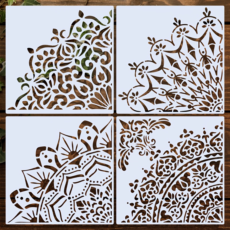4-pack Mandala Stencils, " Reusable Pet Painting Templates For Wall, Furniture, Fabric Crafts, Creamy White