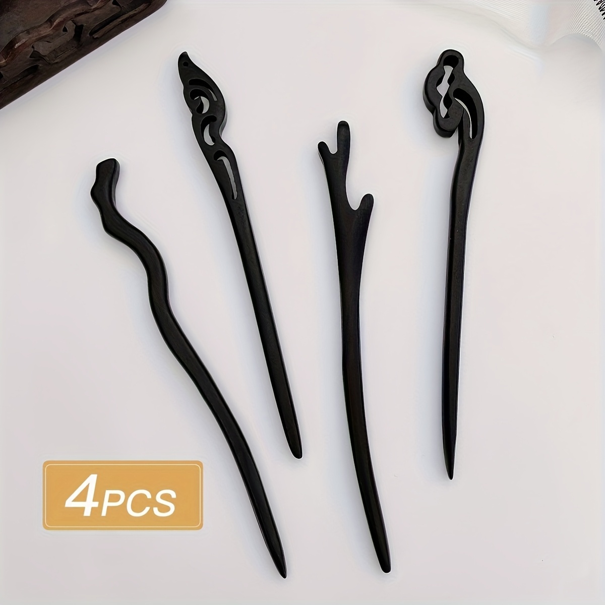 4pcs Versatile Black Wooden Hairpins, Retro Style