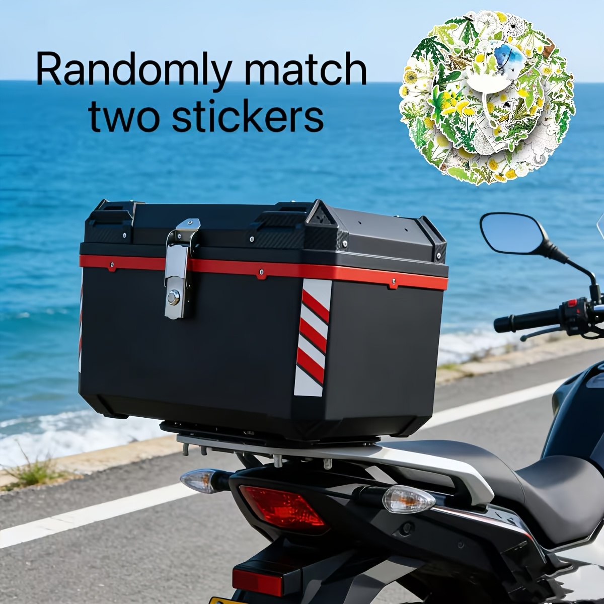 TEMU Give Away 2 Stickers, Random, 72l Capacity Motorcycle Storage Box Thickened Pp Material Black Rear Top Case With Shockproof Bottom Plate Soft