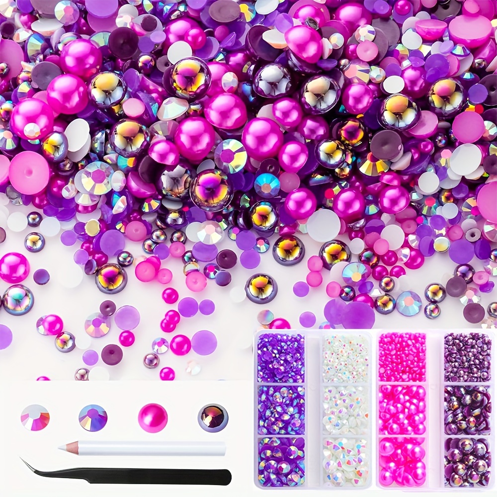 

3600pcs Pink & Purple Flatback Pearl Rhinestones Set, Mixed Sizes 4mm-8mm Ab Color Round Half Pearls For Diy Crafts And Face Art Decorations