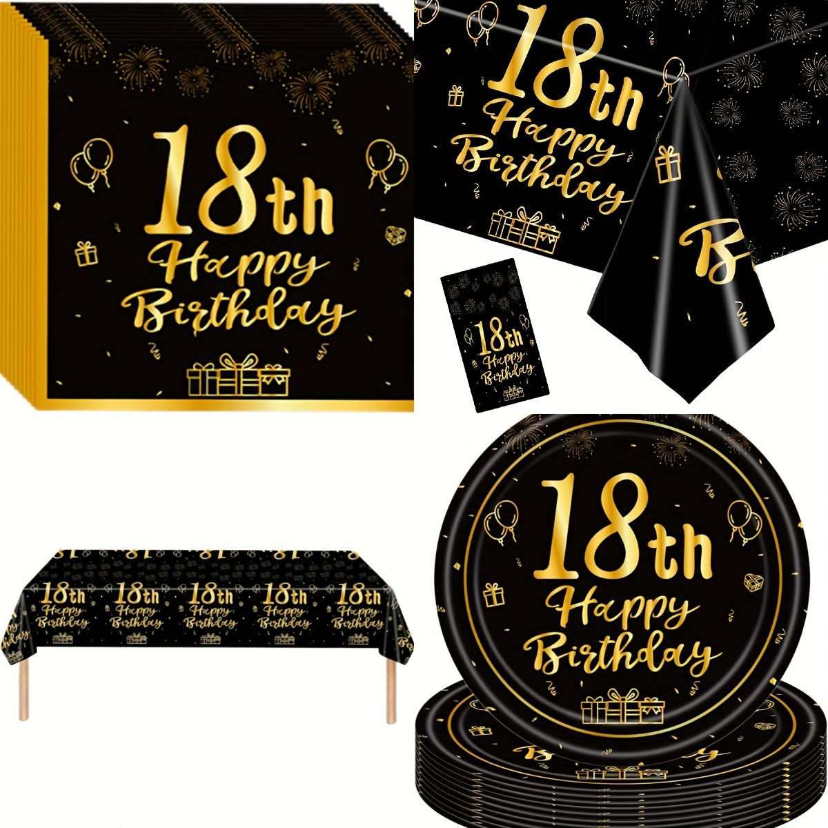 

1/20pcs Black Golden Year Number Birthday Theme 18 Years Disposable Dinner Plate Tissue Tablecloth Birthday Party Tableware Birthday Party Holiday Decoration Arrangement Supplies