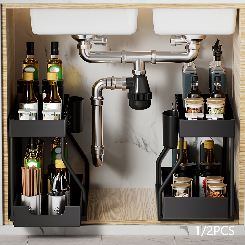 r type double layer pull out sink storage rack large capacity space saving kitchen and bathroom shelf durable   design 2026 model suitable for 10 12 inch pipes black white   sturdy structure