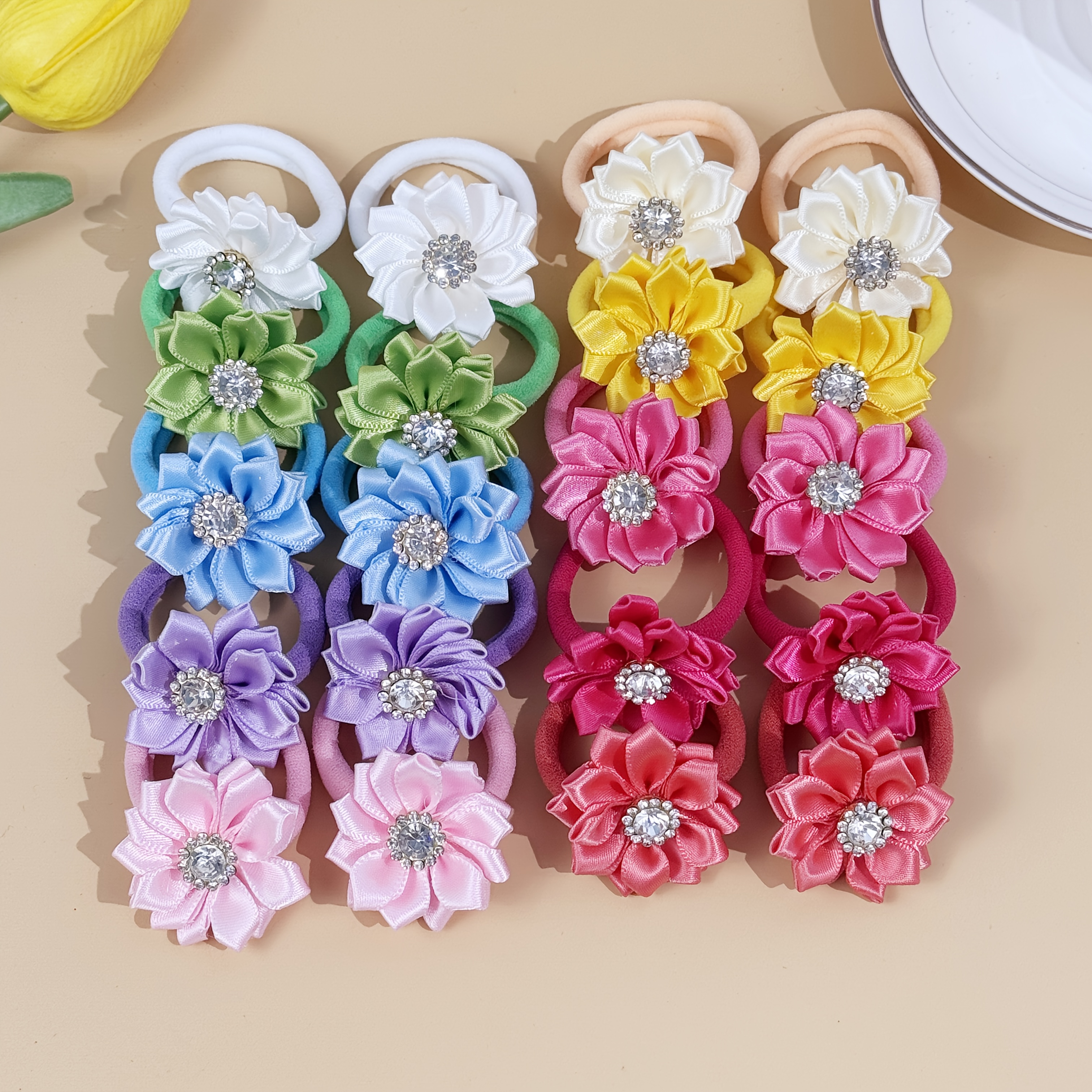 Image of 20-pack Elegant Rhinestone Flower Hair Ties For Ponytails, High-elasticity Nylon Scrunchies With Fabric Flower Accents, Everyday Hair Accessories