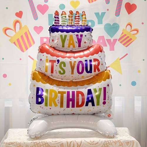 1pc large 3 tier standing cake shaped aluminum foil balloon multicolor birthday decoration with its your birthday text no electricity needed for parties anniversaries celebrations party backdrop celebration accessory festive design