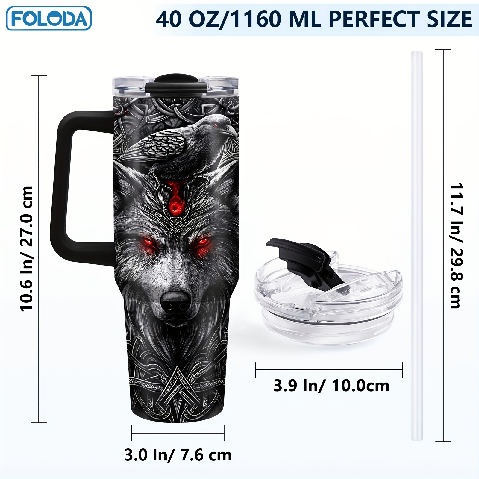 Gobelet Viking Wolf Foloda de 40 oz avec poignée et paille - Tasse de voyage isotherme en acier inoxydable, étanche, cadeau parfait pour les hommes, fête des pères, anniversaire, Noël, tasse de voiture pour l'extérieur, tasse de voyage pour café