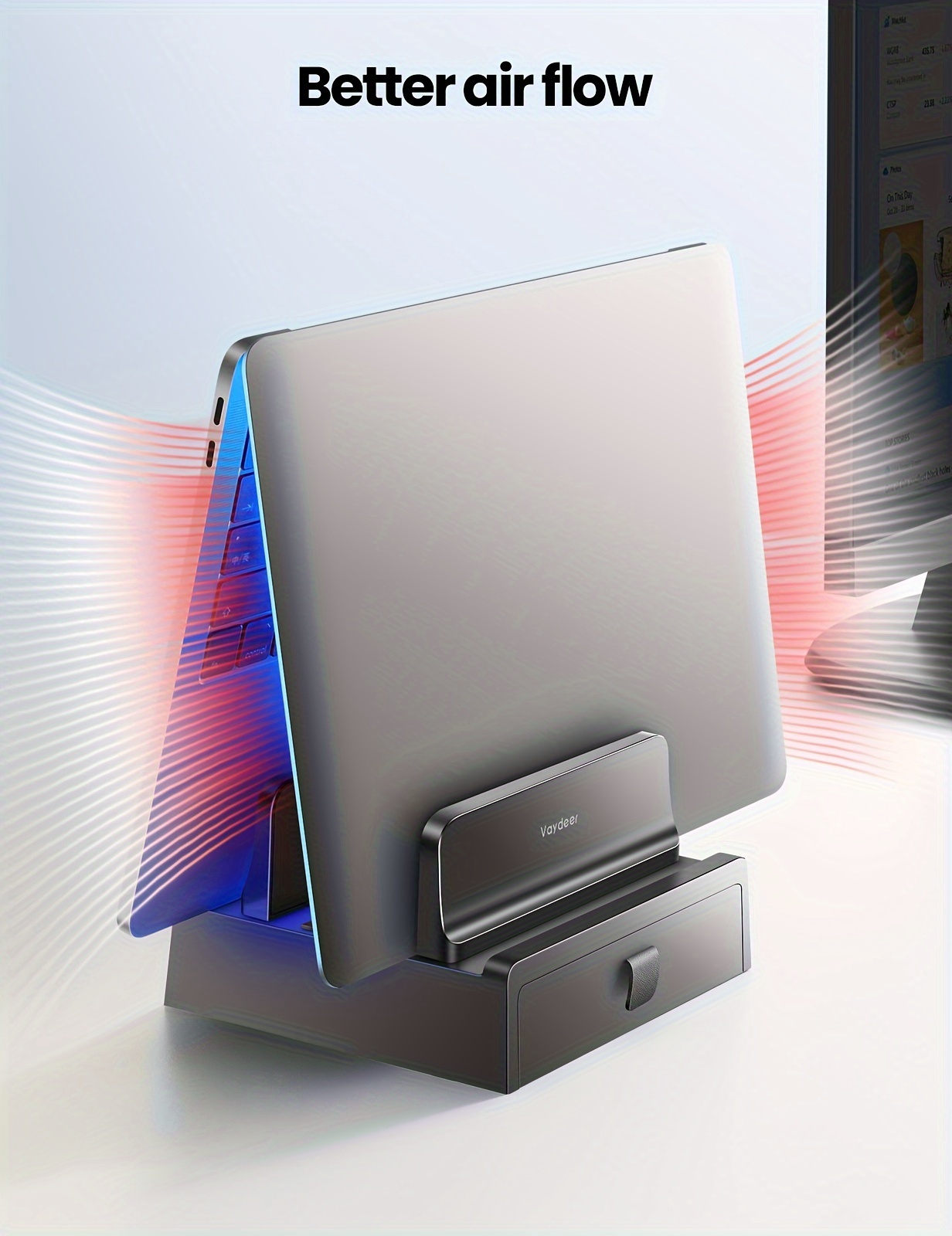 Vaydeer 3-in-1 Laptop Stand with Drawer - Vertical & Side Cooling Storage Rack for Multiple Devices, Compatible for MacBook Pro, for HP, for Dell