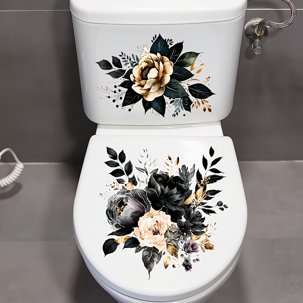 Luxury Dark Floral Toilet Sticker Set, Watercolor Black Design Toilet Stickers, Removable Adhesive Bathroom Toilet Decor Stickers