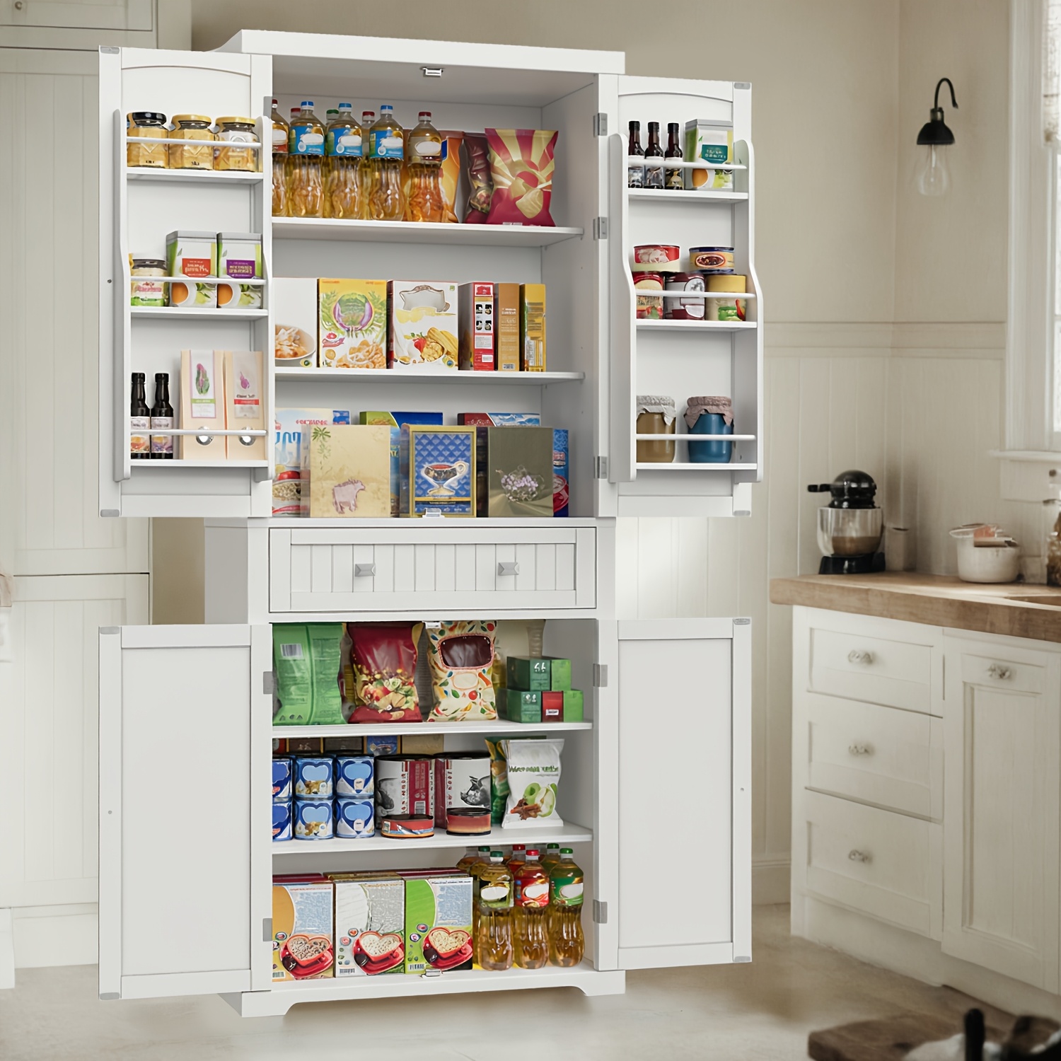 E-shop Küchenschrank, Esszimmerschrank, Hochschrank, Buffetschrank mit verstellbaren Regalböden Schubladen, 40 x 76 x 182,1 cm, Weiß