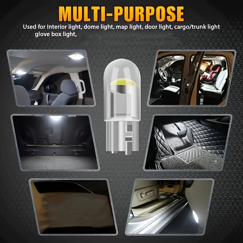 10pcs New 2023 W5W T10 LED Car Interior Bulb 12V Acrylic 6000K 7 Color Wedge Dome Indicator Reading Light Bulbs - Multipurpose