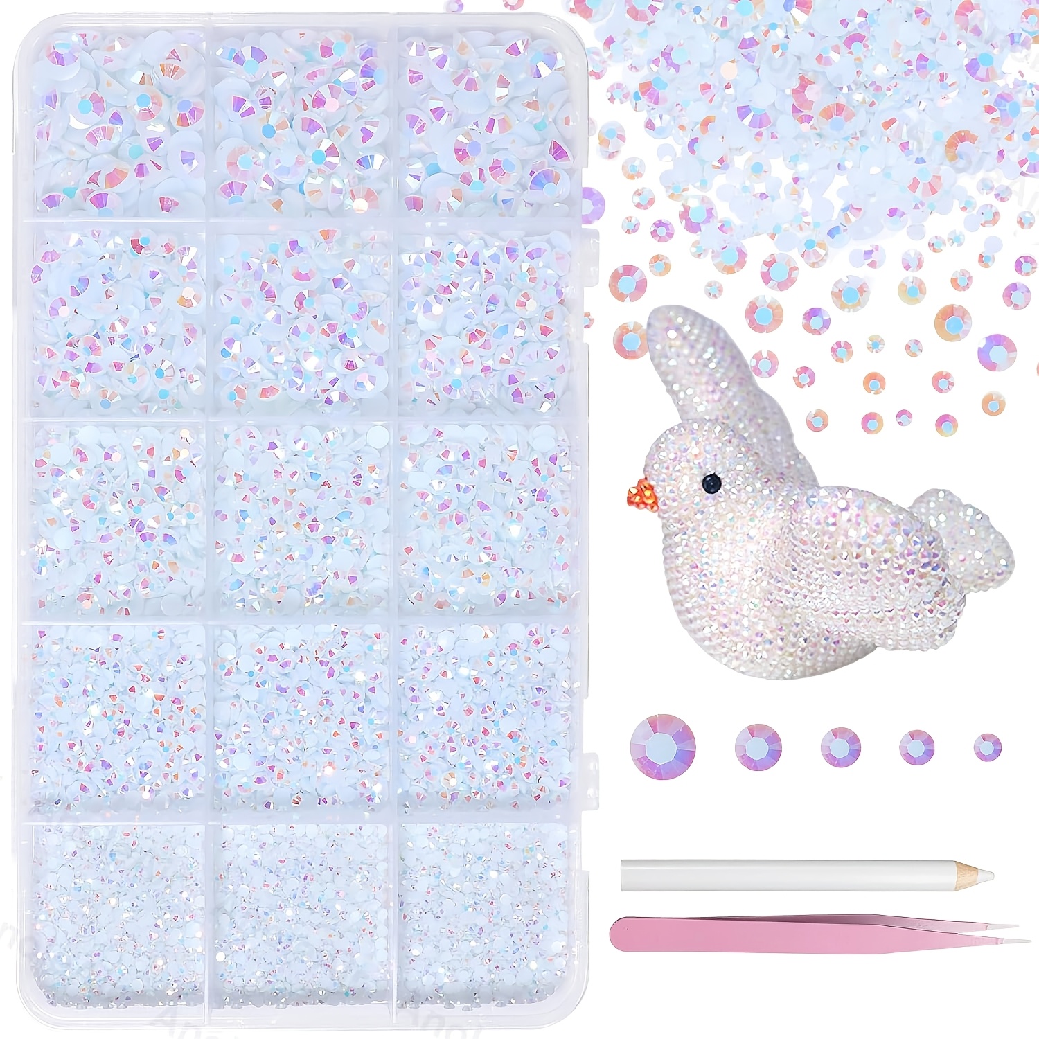TEMU 12000pcs Strass Blanc AB pour Kit de Décorations, Mix de Tailles 2/3/4/5/6Mm Strass en Résine Jelly, Strass pour Artisanat, Strass à Dos Plat en