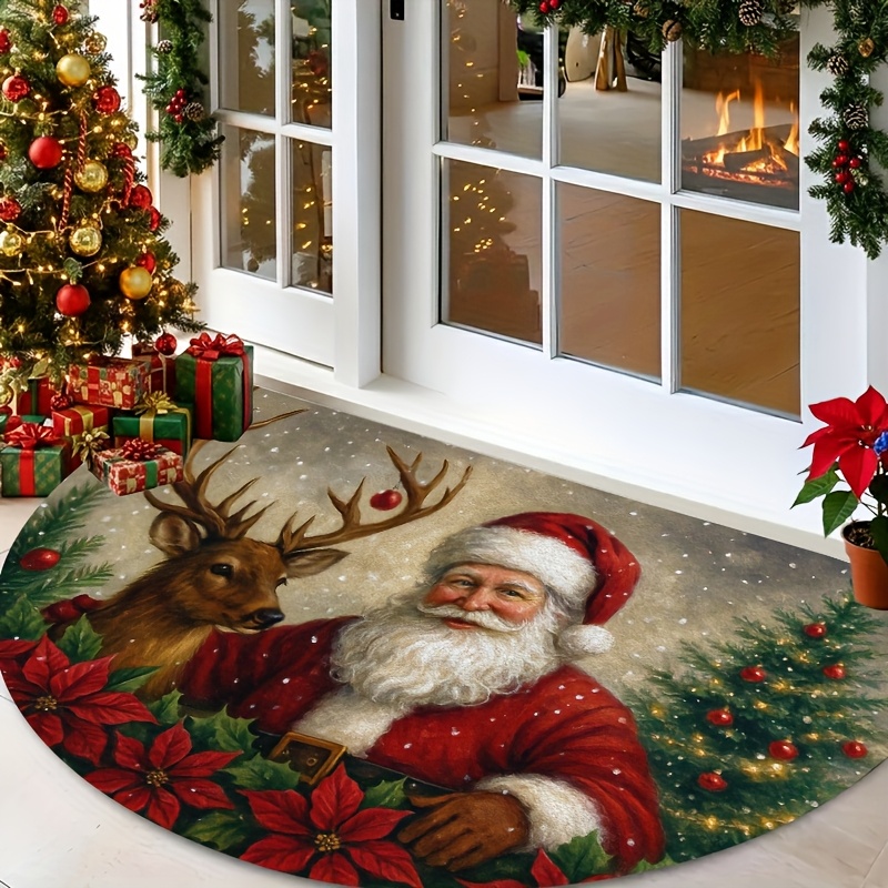 TEMU 1pc Christmas Semicircular Doormat Santa Reindeer Poinsettia Wreath Welcome Door Mat Indoor Xmas Doormat For Bathroom Entrance Indoor Hallway