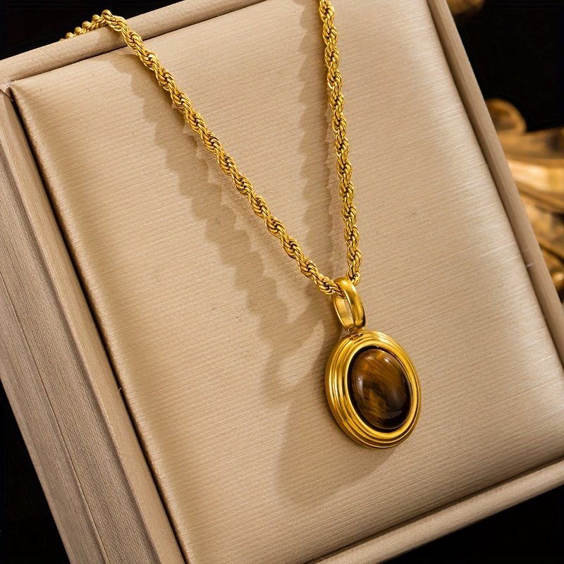 TEMU 1pc de collier avec pendentif œil de tigre encastré en acier inoxydable 304 doré, style rétro européen et américain, idéal , résistant à , à la