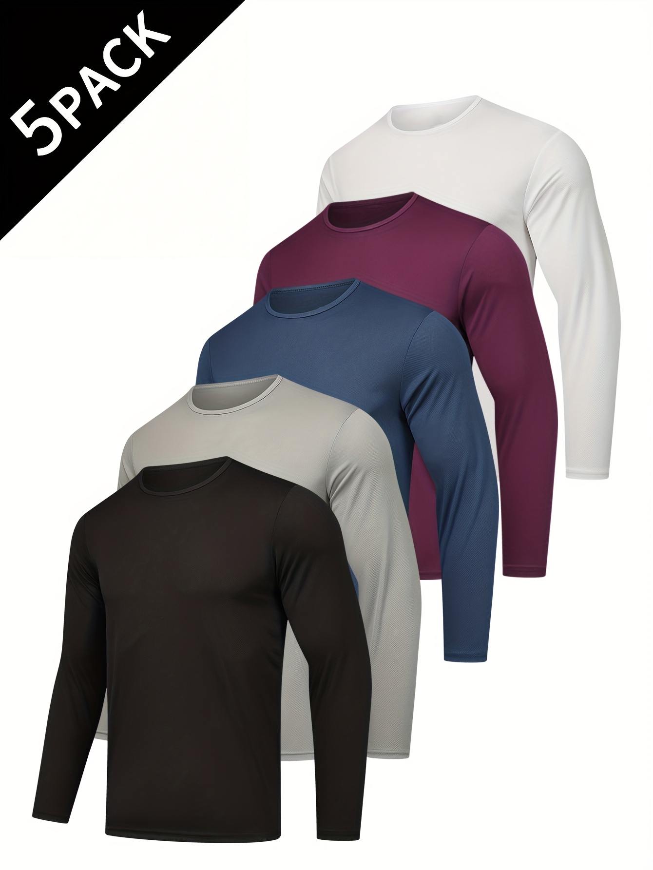 5 pc of mens long sleeve t shirts made of 100 polyester moisture wicking breathable lightweight sports tops for autumn solid color regular fit pullover style