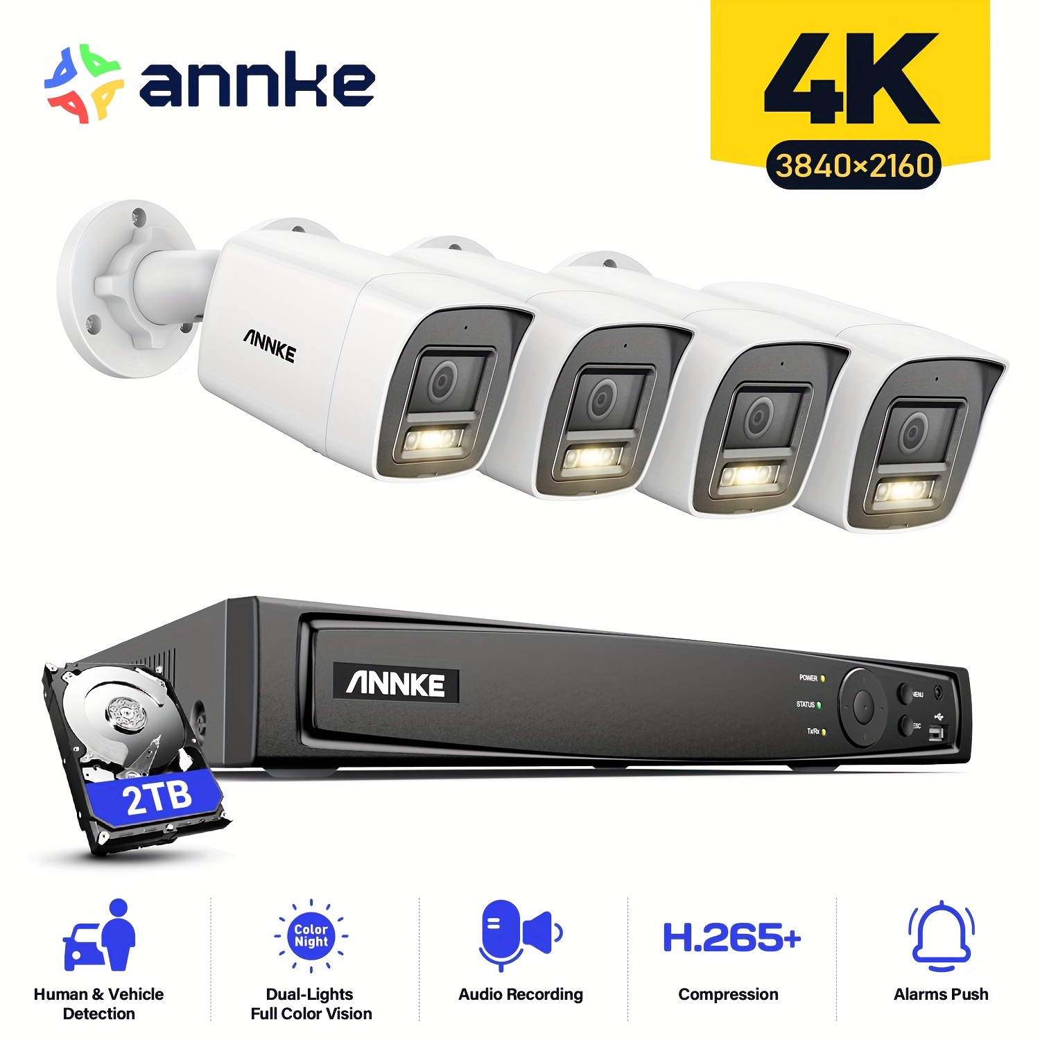 Image of Annke H800 4k Surveillance Camera Set, Video Surveillance With 4x 8mp Poe Ip Camera And 12mp 8ch Nvr 2tb Hdd, Person Detection And Vehicle Detection, Color Night Vision For Home Warehouse Use.