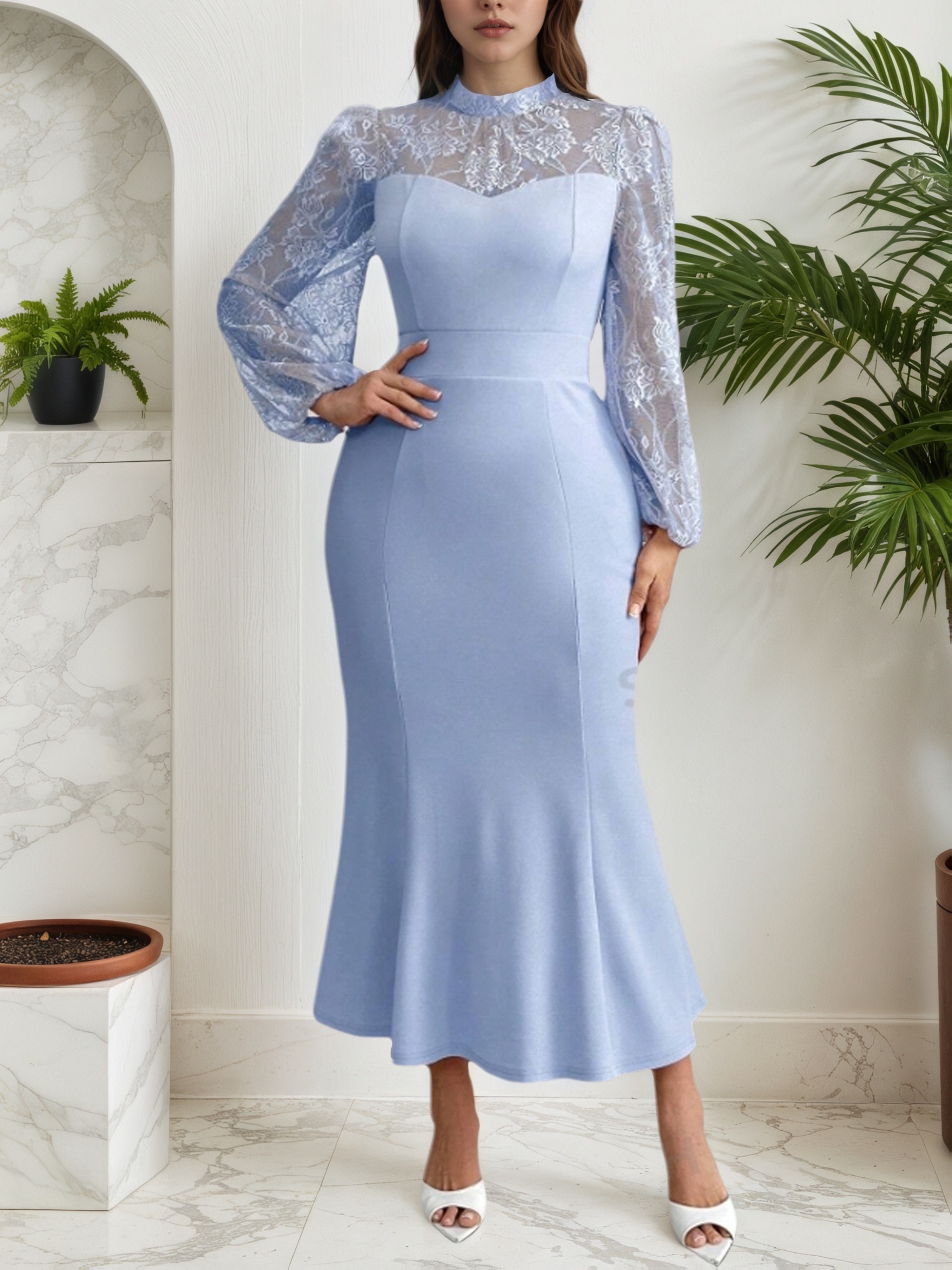 plus size plus size lace dress high neck lantern - Temu Oman