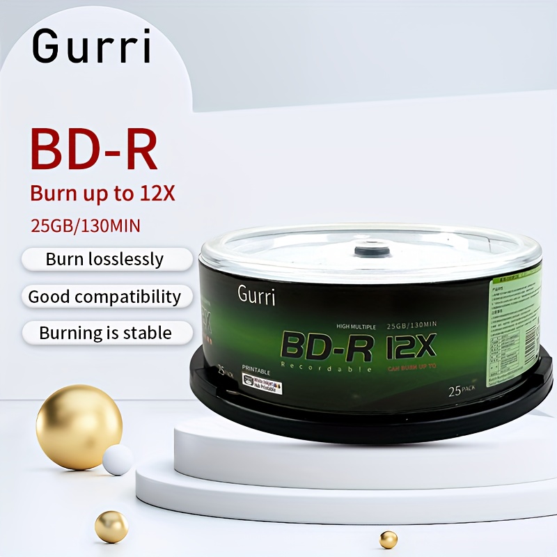 TEMU Gurri Bd-r Blu-ray Discs With 25g/50g Large Capacity, Blank Discs For Burning And Printing, Packaged In A Bucket Of 25pcs.