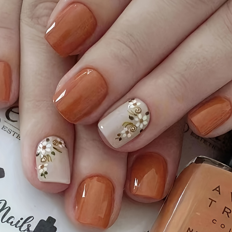 TEMU Upgrade Your Look With 24 Short Square Press-on Nails, Ins Small Fresh Pastoral Floral Vine Design, Fake Nails Extension, Removable Nails With