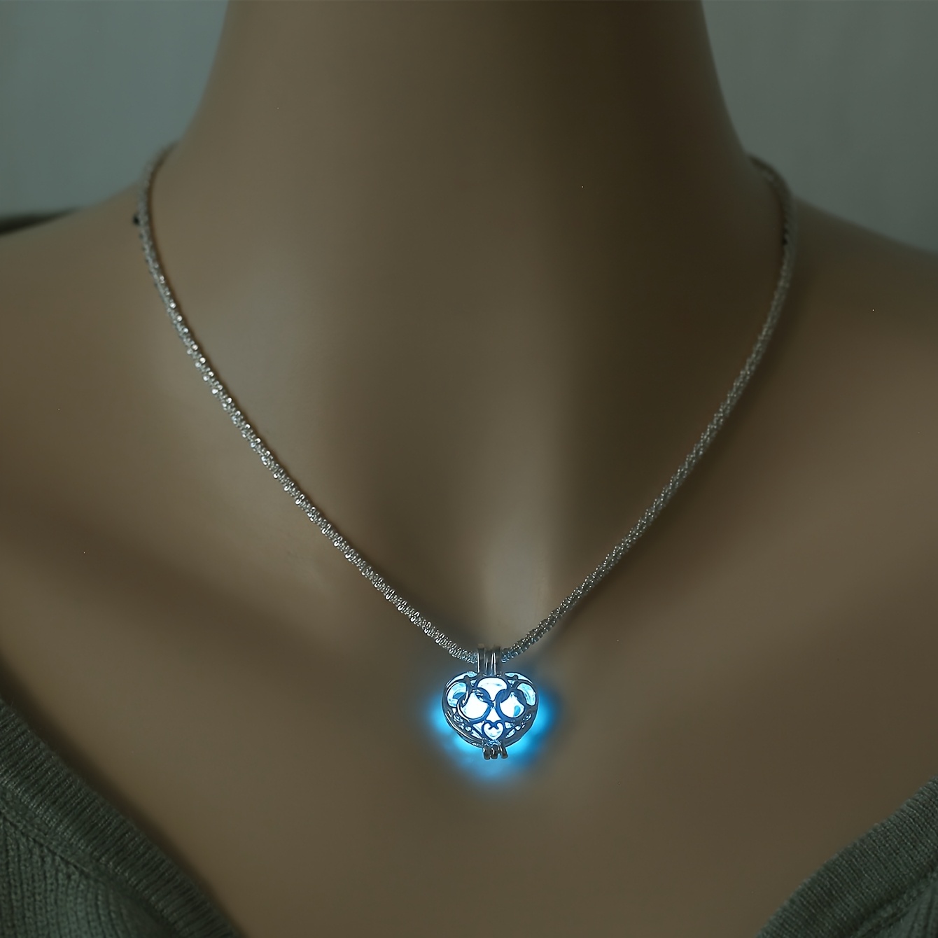 Copper Hollow-out Heart Luminous Pendant Necklace