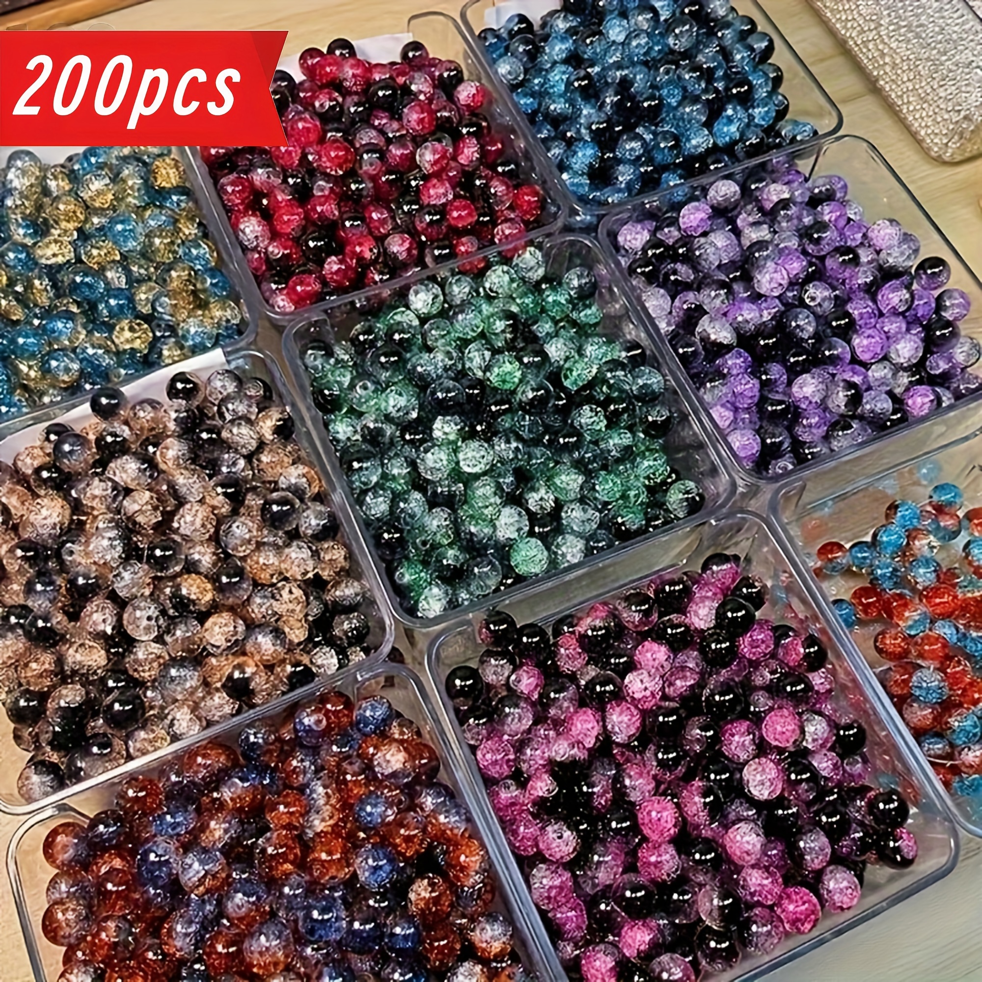 TEMU 200pcs Random Glass Sparkling Crackle Round Beads 10mm, Assorted Colors,, For Making, Craft Supplies, Jewelry Making Parts And Accessories