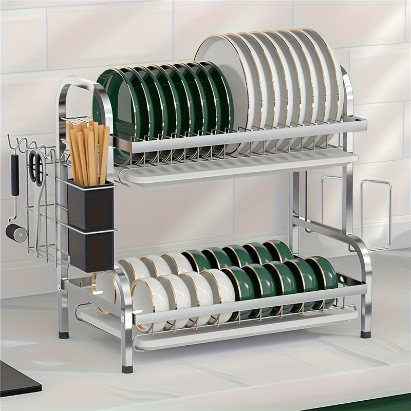 Image of 2-tier Dish Drying Rack, 42cm, Multi-functional Rust-proof Dish Drainer With Removable Drip Tray, Space-saving Countertop Dish Rack, Black And Silvery