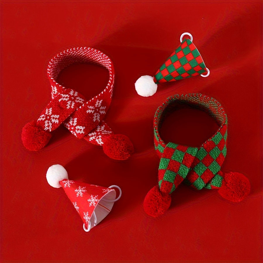 

2pcs Pet Christmas Collar And Hat Set, Plaid Pattern, Polyester Blend, Suitable For Cats And Dogs, Festive Snowflake With Pom-pom Detail And Stereo Cap Accessory