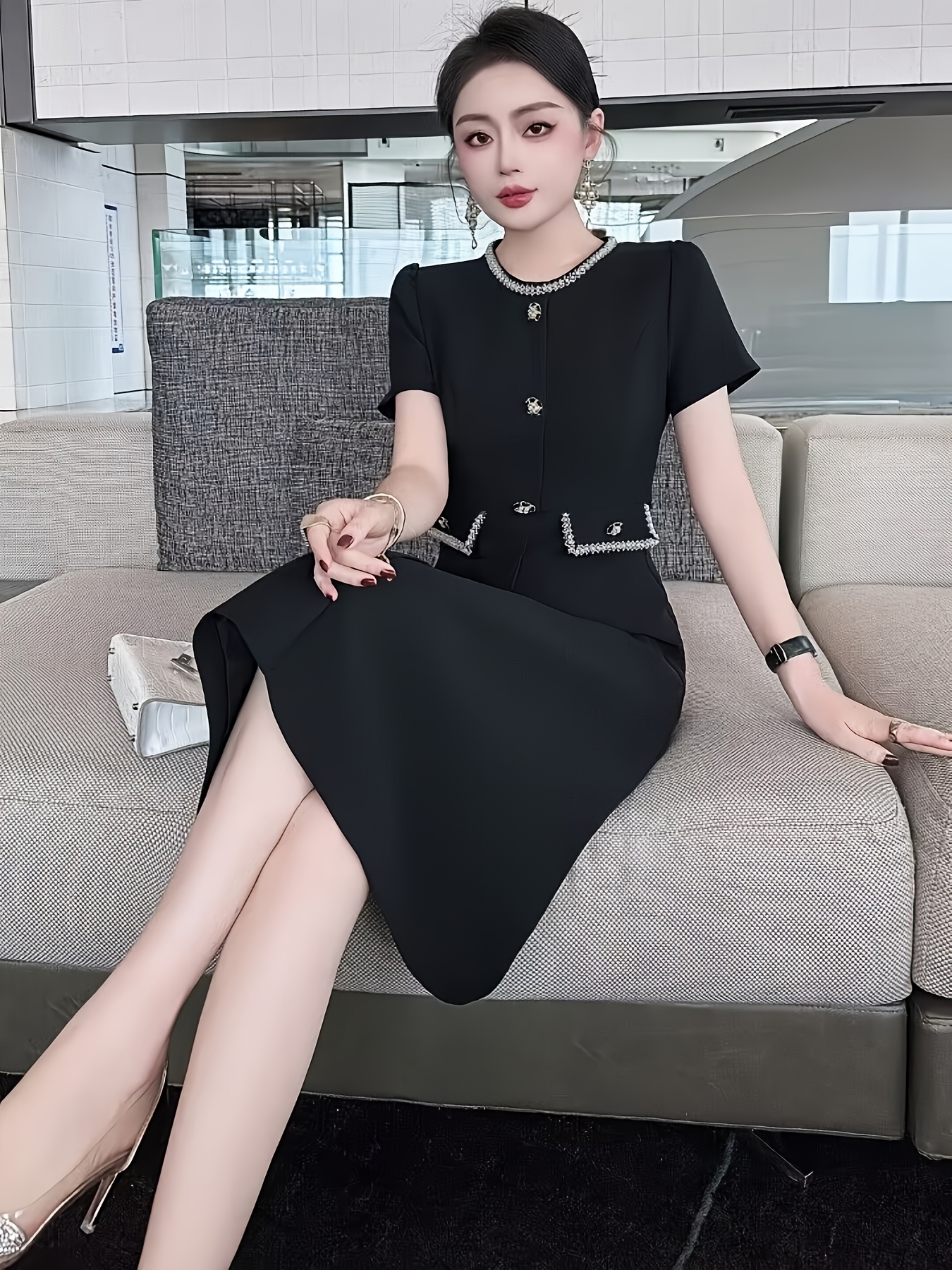 black dress with beaded collar V-Neck Short Sleeve Beaded Pearl Ball Gown Wedding Dress with Lace-Up –  Elsi John main image 0