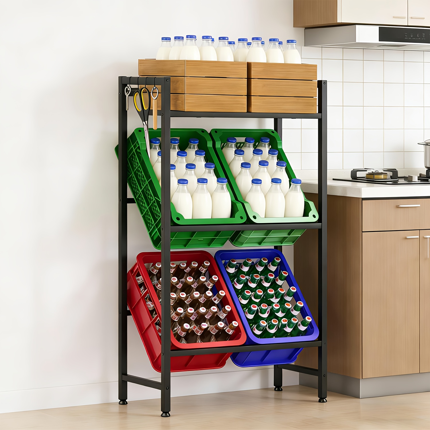 E-shop 72 x 112 cm Getränkebox Regal | Fassungsvermögen 6 Boxen, Vertikales Küchenregal mit 4 goldenen Metallhalterungen und 4 Haken, Geeignet für