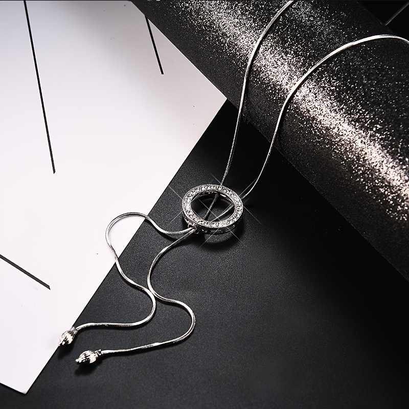 Rhinestone Round Pendant Long Necklace Clothing Accessory