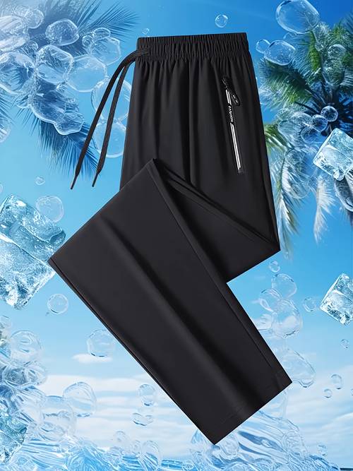 3pcs mens summer jogger pants breathable ice silky fabric with elastic drawstring waistband straight leg design zippered pockets casual athletic pants for running lounge outdoor black dark gray olive green