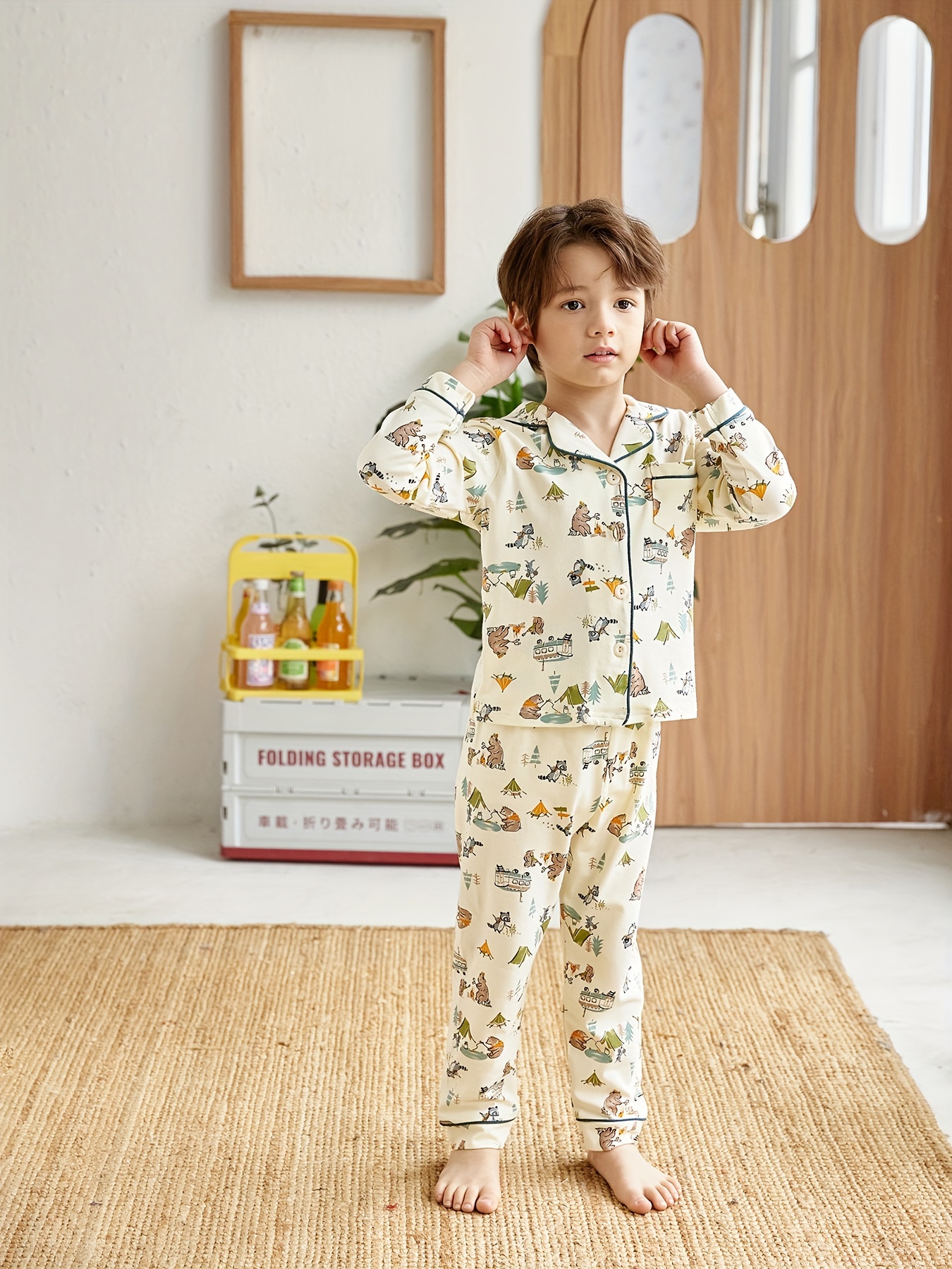 Kid's Flannel Pajamas Long Sleeve Top Pants Set Monkey - Temu