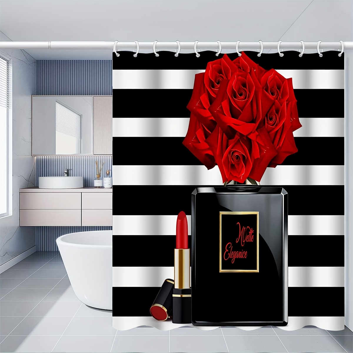 4pcs Classic Red and Black Rose Shower Curtain Set