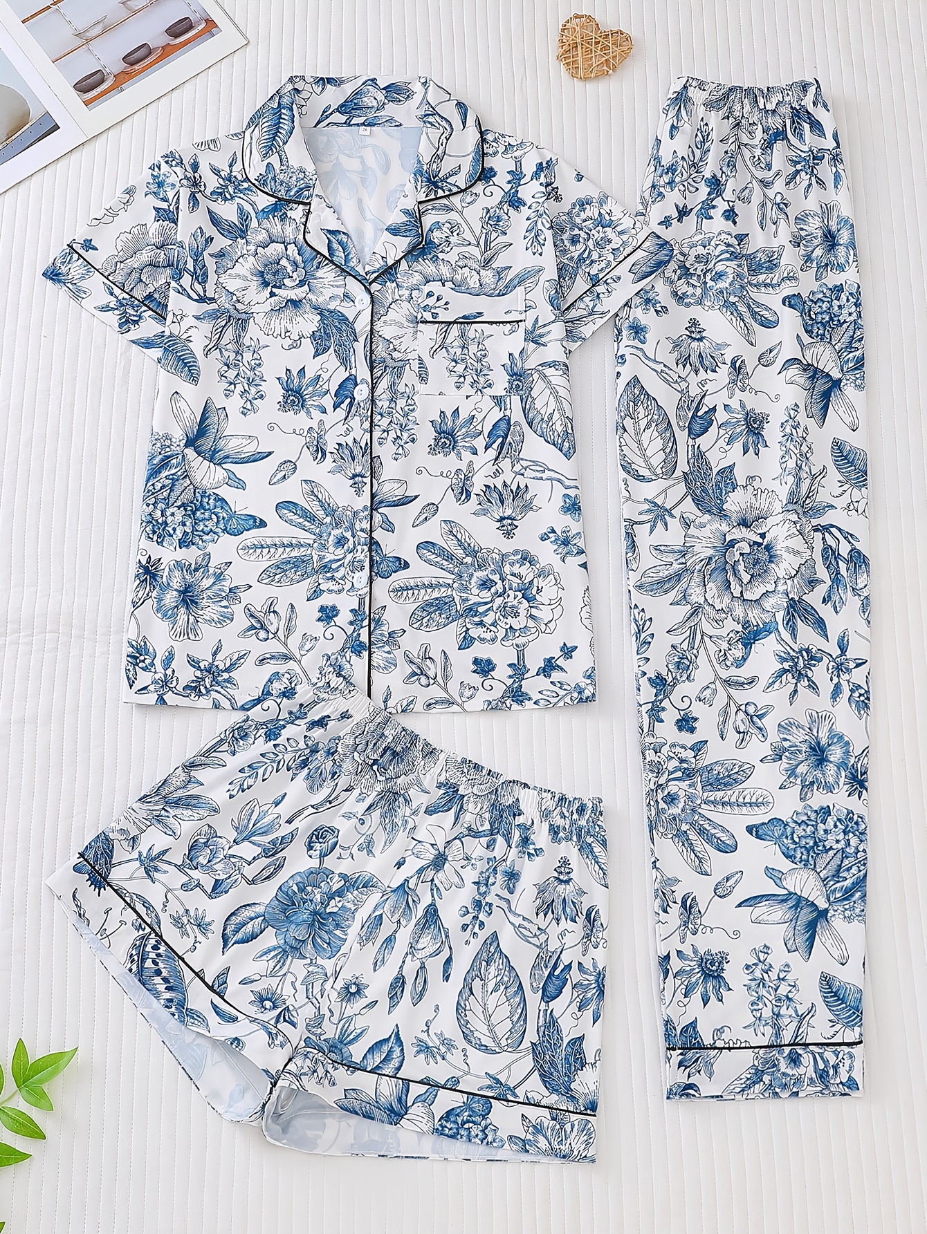 three piece womens pajama set knitted fabric   short sleeved button up top and matching shorts with pants collar and pocket details full body print elegant pajama set suitable for womens pajama set Product details 0